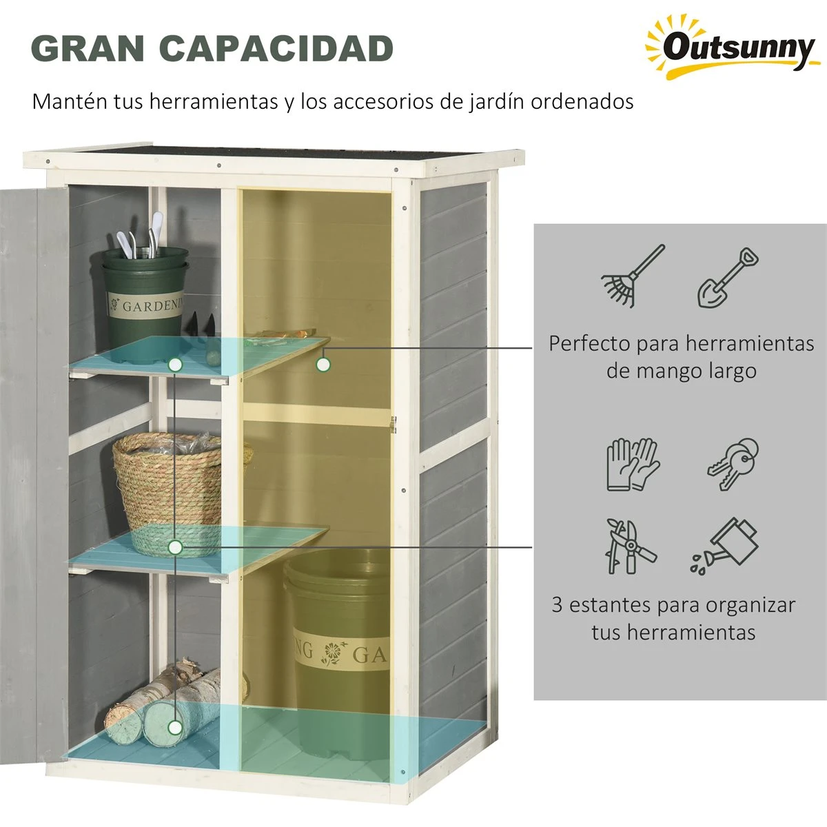 Outsunny Caseta De Jardín De Madera 75x56x115 Cm Armario Cobertizo De Exterior Para Herramientas Con 3 Estantes Interiores Puerta Con Pestillo Y Techo Asfáltico Gris 5 Outsunny Caseta De Jardín De Madera 75x56x115 Cm Armario Cobertizo De Exterior Para Herramientas Con 3 Estantes Interiores Puerta Con Pestillo Y Techo Asfáltico Gris - Imagen 4