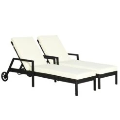 Outsunny Conjunto De 2 Tumbonas De Ratán De Jardín Con Cojines Acolchados Respaldo Ajustable En 5 Posiciones 2 Ruedas Y Tela Extraíble Lavable 67x196x51 Cm Negro