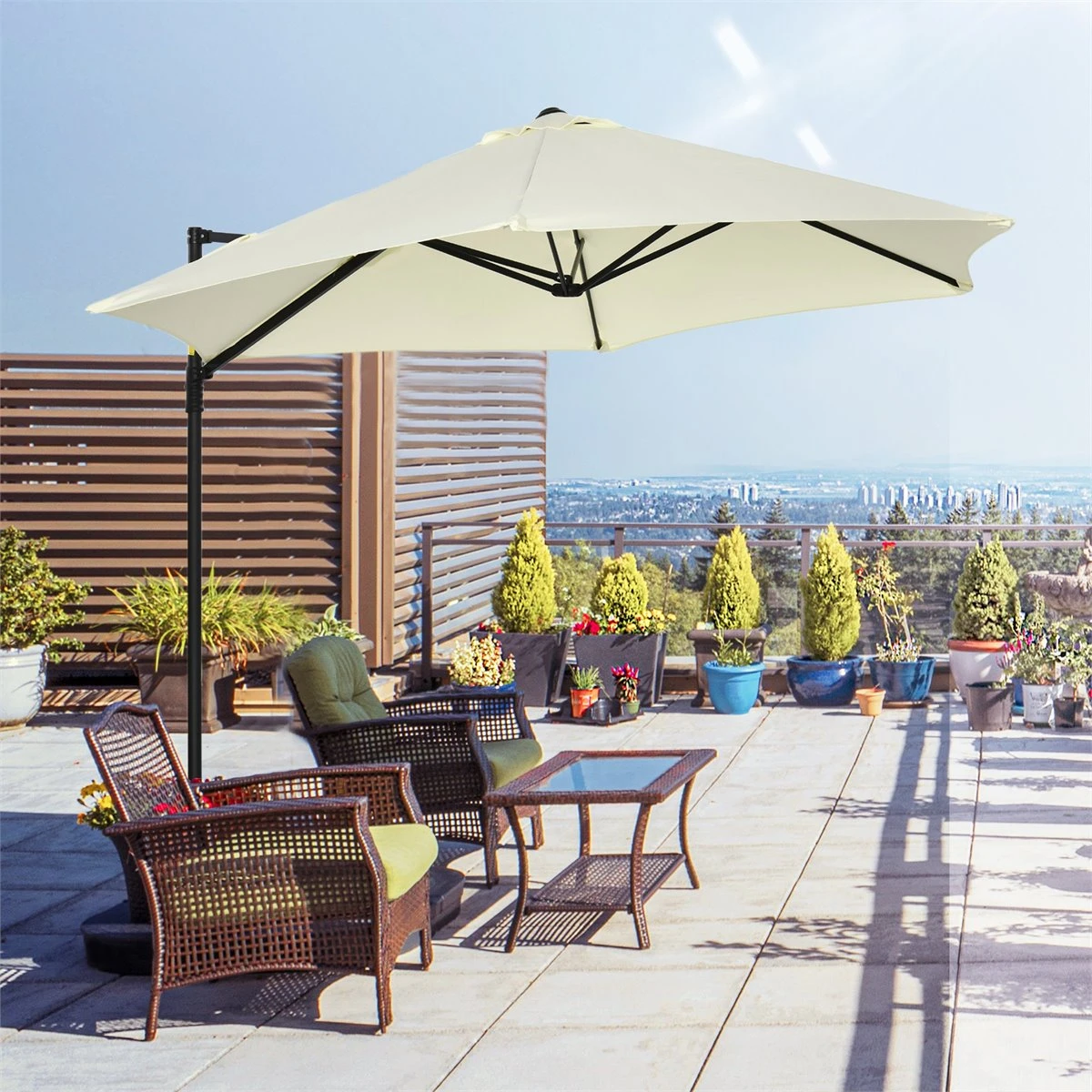 Outsunny Sombrilla De Jardín Ø256x245 Cm Parasol Excéntrico Rotación De 360° Con Apertura Manual Y Base Cruzada Para Patio Terraza Exterior Beige 4 Outsunny Sombrilla De Jardín Ø256x245 Cm Parasol Excéntrico Rotación De 360° Con Apertura Manual Y Base Cruzada Para Patio Terraza Exterior Beige - Imagen 2