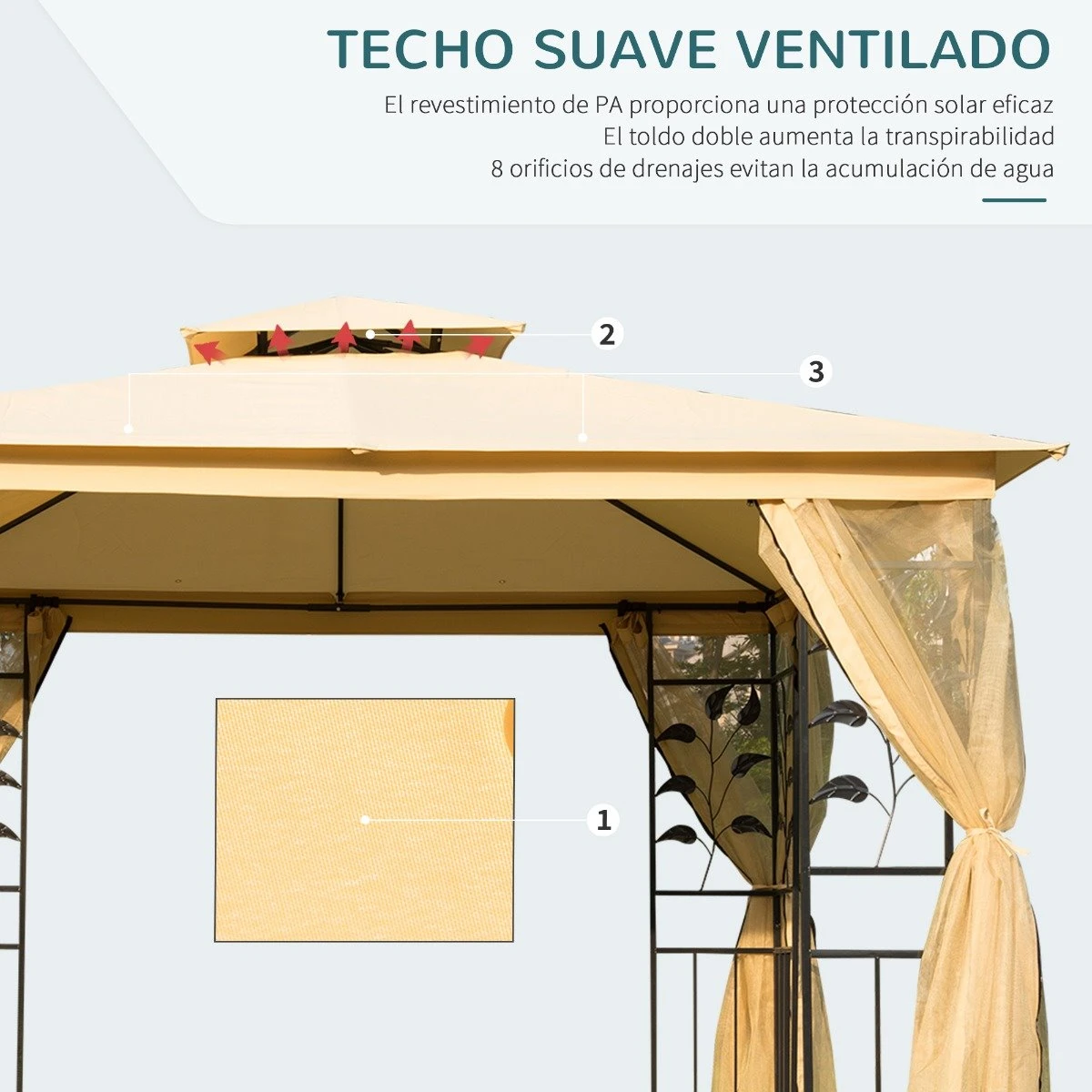 Outsunny Cenador De Jardín 300x300x280 Cm Carpas Para Exterior Grandes Doble Techo Con Mosquitera Y Piquetas Para El Suelo Fácil De Drenar Poliéster Acero Beige 6 Outsunny Cenador De Jardín 300x300x280 Cm Carpas Para Exterior Grandes Doble Techo Con Mosquitera Y Piquetas Para El Suelo Fácil De Drenar Poliéster Acero Beige - Imagen 4