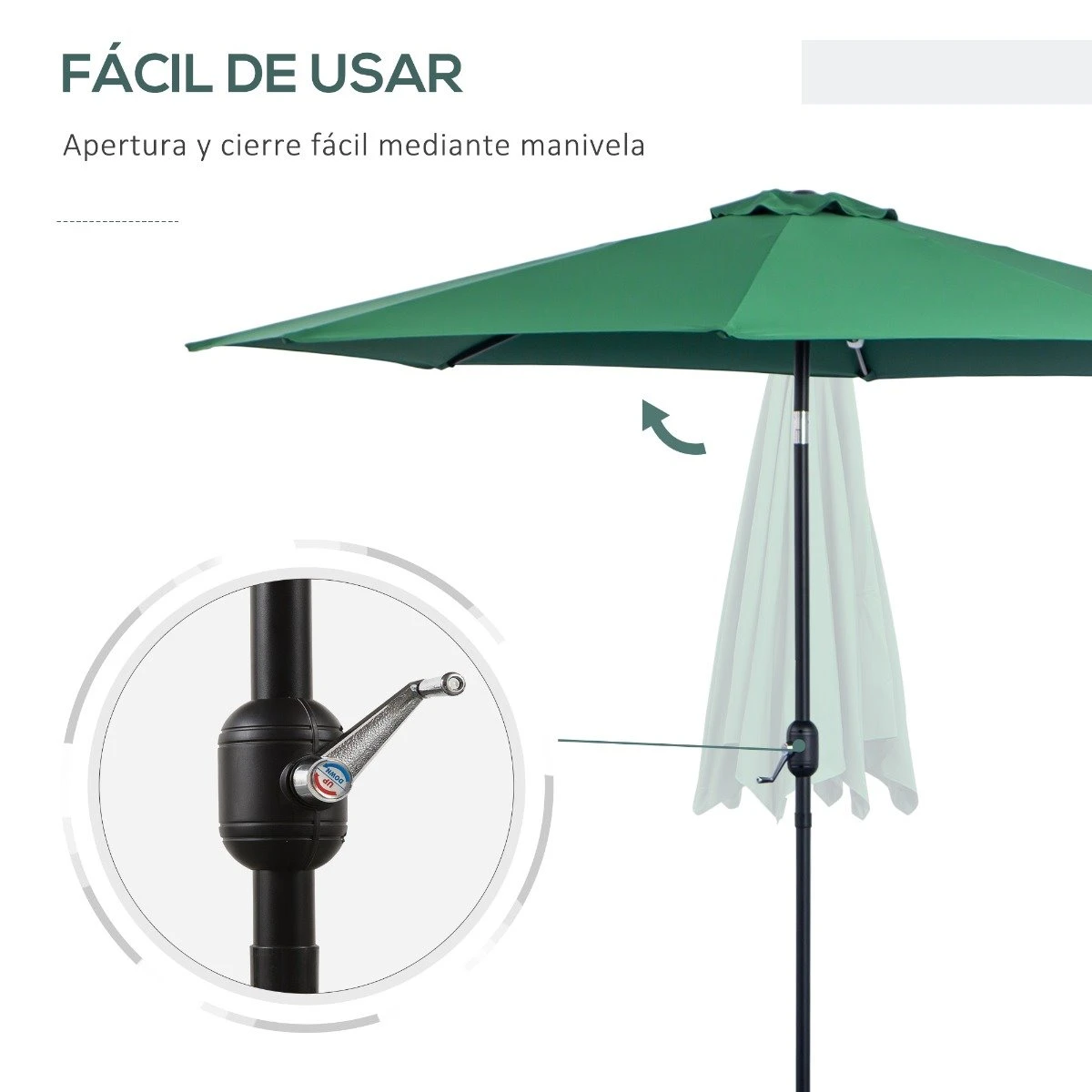 Outsunny Sombrilla De Jardín Ø295x250 Cm Con Manivela Parasol Exterior Con Mecanismo De Inclinación Y Poste Desmontable De Metal Para Terraza Piscina Patio Verde 7 Outsunny Sombrilla De Jardín Ø295x250 Cm Con Manivela Parasol Exterior Con Mecanismo De Inclinación Y Poste Desmontable De Metal Para Terraza Piscina Patio Verde - Imagen 5