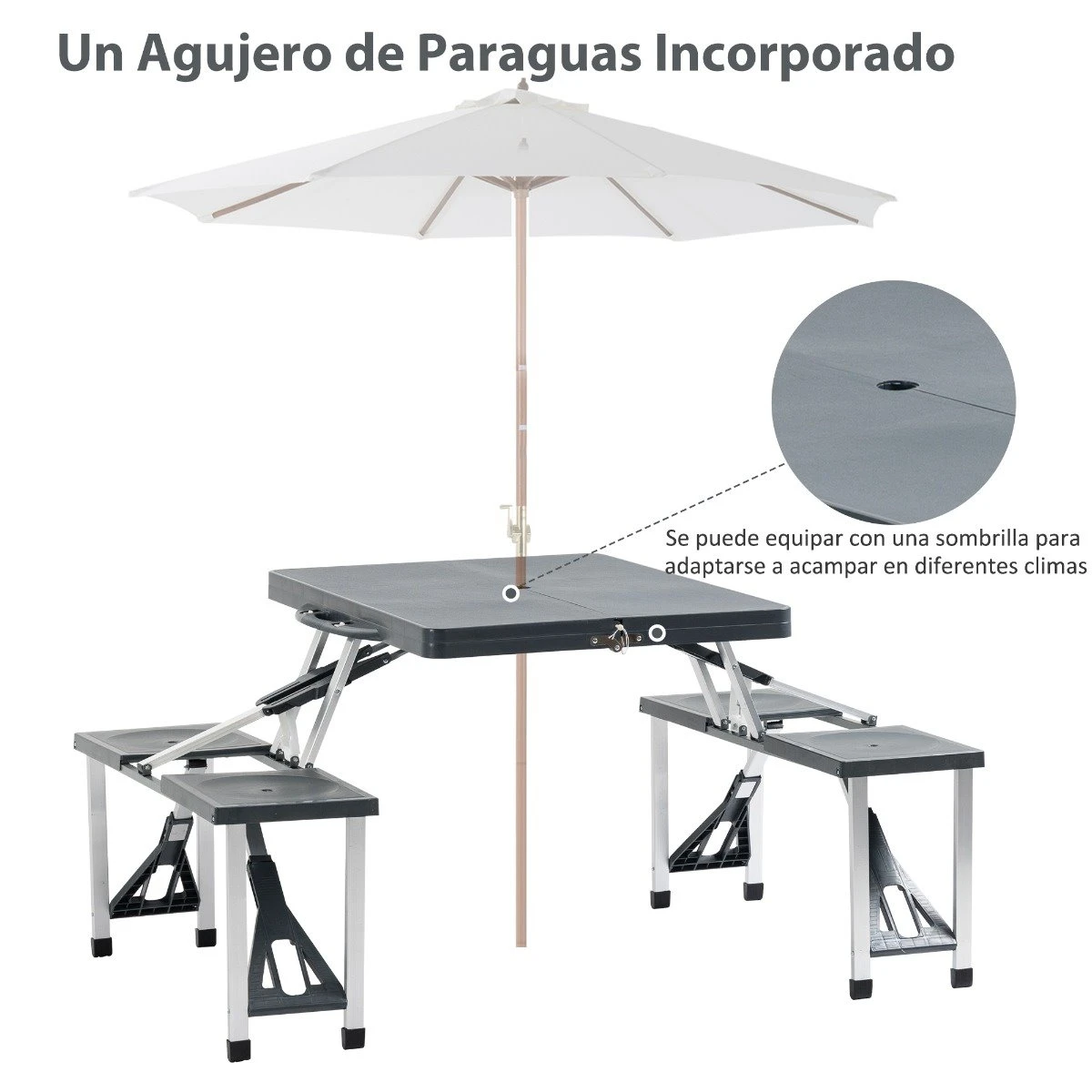 Outsunny Mesa Maleta De Camping Plegable Portátil 4 Asientos Y Agujero Sombrilla Estructura Aluminio Playa Picnic 136x84,5x66 Cm (Gris) 6 Outsunny Mesa Maleta De Camping Plegable Portátil 4 Asientos Y Agujero Sombrilla Estructura Aluminio Playa Picnic 136x84,5x66 Cm (Gris) - Imagen 4