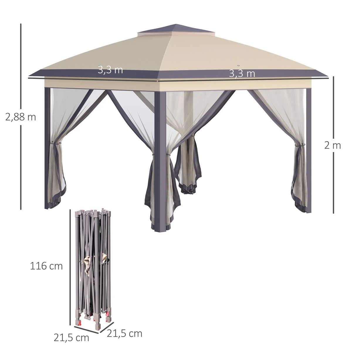 Outsunny Carpa Plegable Exterior 3,3x3,3x2,88 M Altura Ajustable Cenador De Jardín Con Doble Techo 4 Mosquiteras Extraíbles Y Bolsa De Transporte Para Camping Fiestas Beige 5 Outsunny Carpa Plegable Exterior 3,3x3,3x2,88 M Altura Ajustable Cenador De Jardín Con Doble Techo 4 Mosquiteras Extraíbles Y Bolsa De Transporte Para Camping Fiestas Beige - Imagen 3