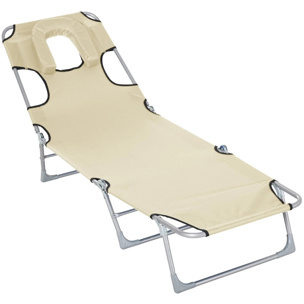 Outsunny Tumbona Reclinable Y Plegable De Jardín Con Orificio De Lectura Reposacabezas Y Respaldo Ajustable En 5 Niveles Para Playa 182x56x24,5 Cm Beige 3 Outsunny Tumbona Reclinable Y Plegable De Jardín Con Orificio De Lectura Reposacabezas Y Respaldo Ajustable En 5 Niveles Para Playa 182x56x24,5 Cm Beige