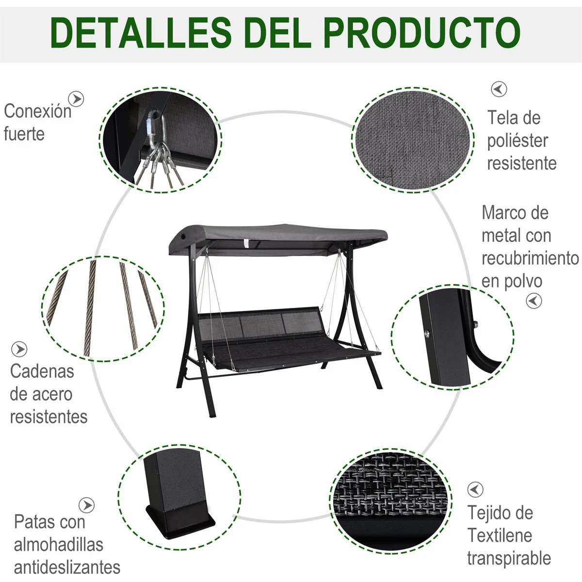 Outsunny Balancín Con Toldo Ajustable De 3 Plazas Columpio De Jardín Con Dosel Cojines Para Exterior Terraza Patio Carga 270 Kg 200x115x168 Cm Gris 9 Outsunny Balancín Con Toldo Ajustable De 3 Plazas Columpio De Jardín Con Dosel Cojines Para Exterior Terraza Patio Carga 270 Kg 200x115x168 Cm Gris - Imagen 7