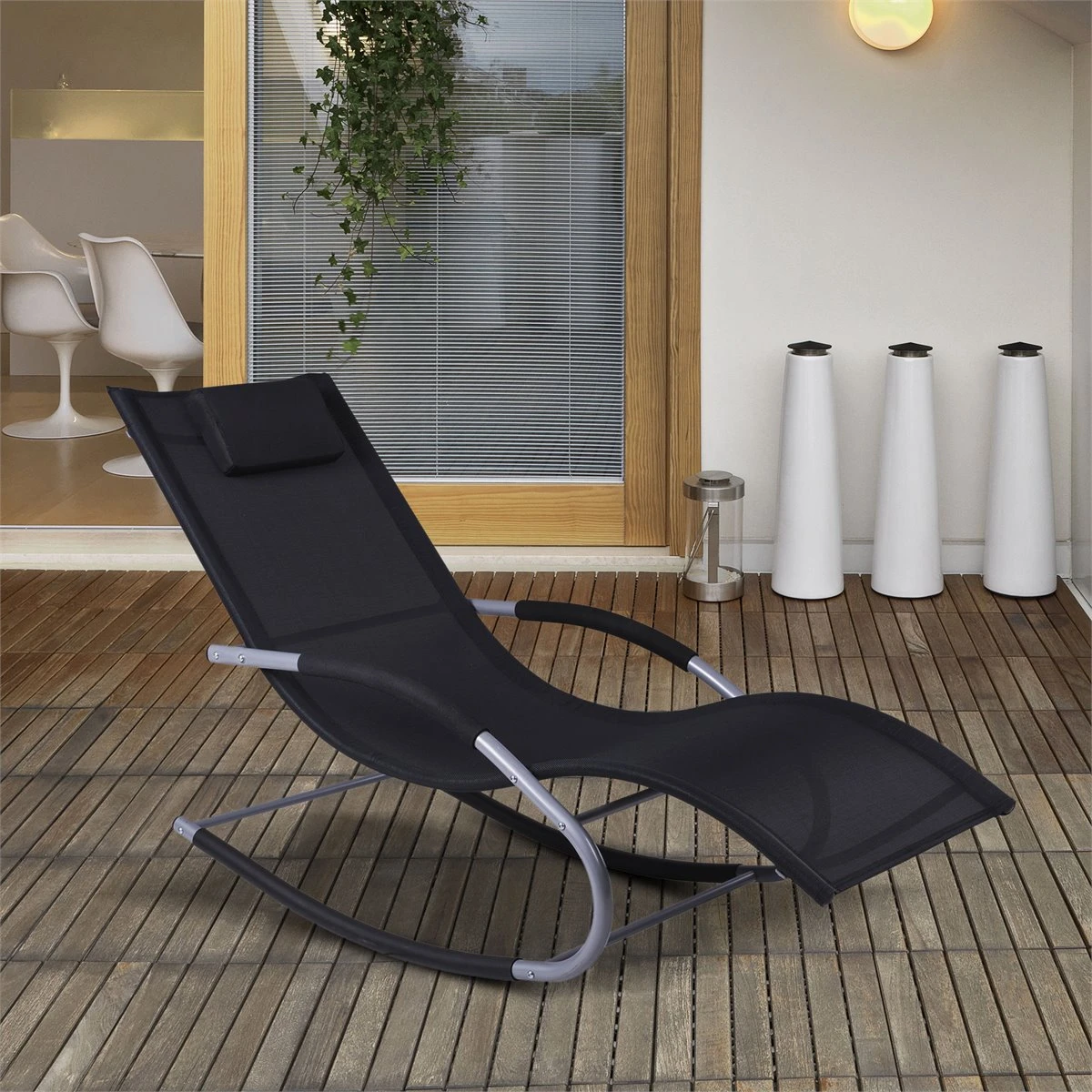 Outsunny Tumbona Mecedora De Jardín Con Reposacabezas Reposabrazos Sillón Silla De Exterior Tejido Transpirable Y Metal Para Playa Patio Terraza 63x148x85 Cm Negro 4 Outsunny Tumbona Mecedora De Jardín Con Reposacabezas Reposabrazos Sillón Silla De Exterior Tejido Transpirable Y Metal Para Playa Patio Terraza 63x148x85 Cm Negro - Imagen 2