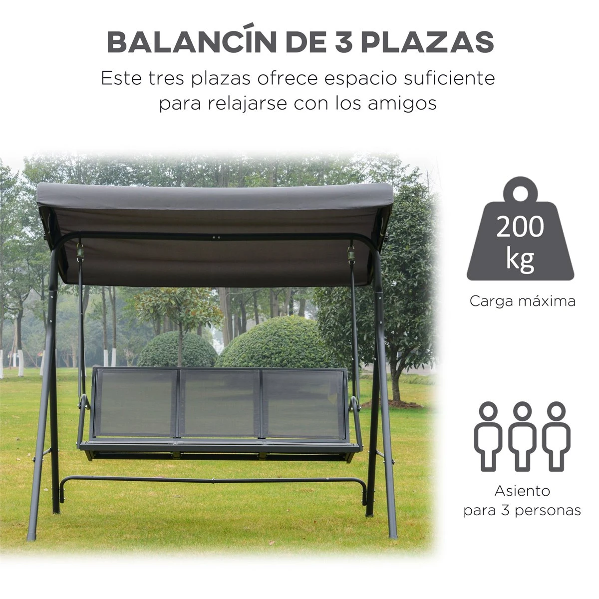 Outsunny Columpio Balancín Jardín De 3 Plazas Con Techo Parasol Ajustable Respaldo Transpirable Y Marco De Acero Para Terraza Balcón Exterior 175x118x159 Cm Gris 8 Outsunny Columpio Balancín Jardín De 3 Plazas Con Techo Parasol Ajustable Respaldo Transpirable Y Marco De Acero Para Terraza Balcón Exterior 175x118x159 Cm Gris - Imagen 6