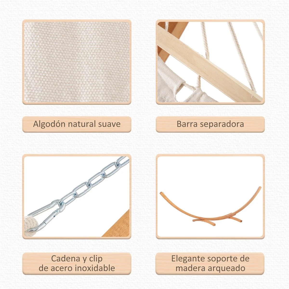 Outsunny Hamaca Con Soporte De Madera Hamaca De Jardín Colgante Con Marco Y Tumbona De Algodón 200x120 Cm Para Terraza Balcón Carga 150 Kg 392x120x102 Cm Blanco Y Natural 8 Outsunny Hamaca Con Soporte De Madera Hamaca De Jardín Colgante Con Marco Y Tumbona De Algodón 200x120 Cm Para Terraza Balcón Carga 150 Kg 392x120x102 Cm Blanco Y Natural - Imagen 6