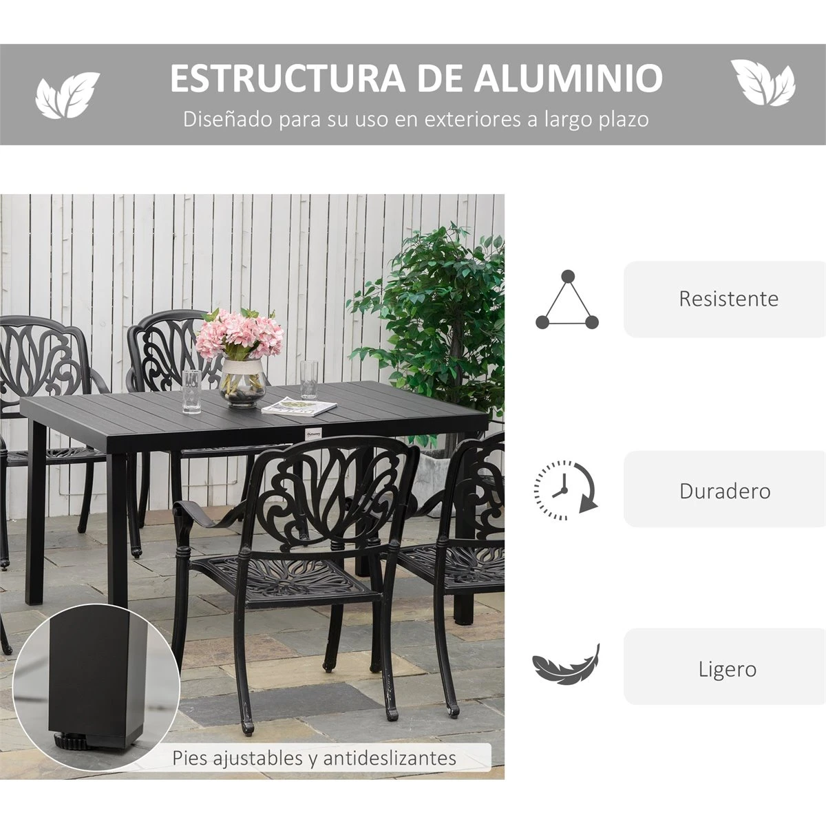 Outsunny Mesa De Jardín Rectangular Para 6 Personas Mesa De Comedor Exterior 140x90x74 Cm Con Encimera De Listones Y Estructura De Aluminio Para Terraza Balcón Negro 6 Outsunny Mesa De Jardín Rectangular Para 6 Personas Mesa De Comedor Exterior 140x90x74 Cm Con Encimera De Listones Y Estructura De Aluminio Para Terraza Balcón Negro - Imagen 4