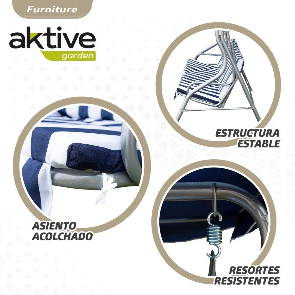 Balancín Para Jardín Azul Y Blanco C/toldo Inclinable 3 Plazas Aktive 8 Balancín Para Jardín Azul Y Blanco C/toldo Inclinable 3 Plazas Aktive - Imagen 6