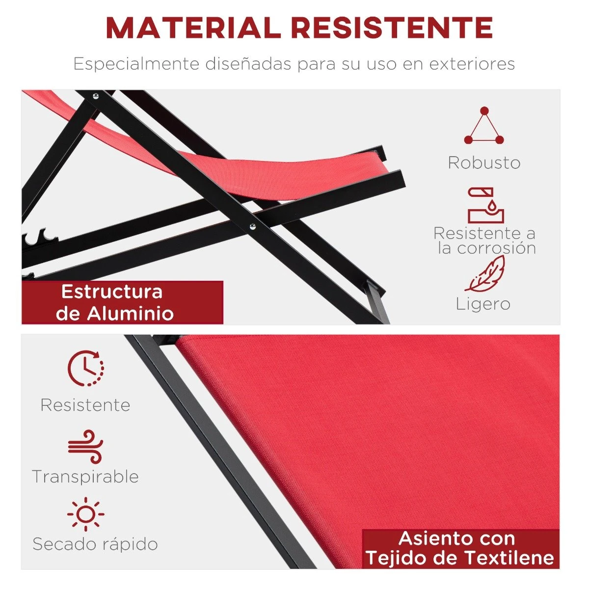 Outsunny Conjunto De 2 Tumbonas Plegables Con Respaldo Regulable En 5 Posiciones Y Reposacabezas Acolchado Incorporado 58x96.5x91.5cm Rojo Vino 5 Outsunny Conjunto De 2 Tumbonas Plegables Con Respaldo Regulable En 5 Posiciones Y Reposacabezas Acolchado Incorporado 58x96.5x91.5cm Rojo Vino - Imagen 4