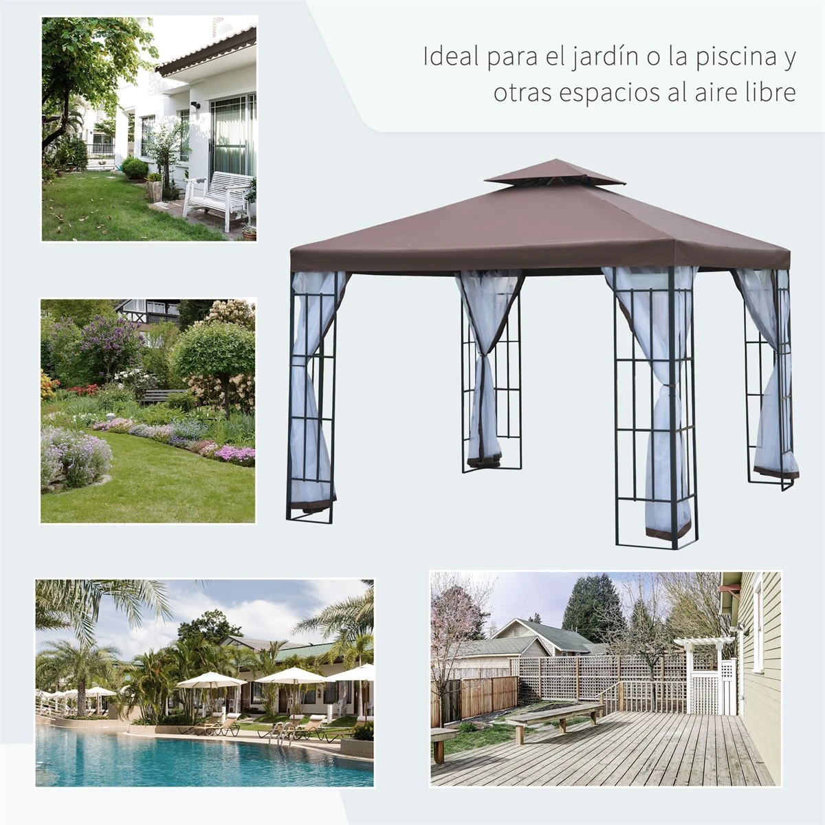 Outsunny Cenador De Jardín 3x3 M Pabellón Para Exterior Con Doble Techo De Ventilación 4 Mosquiteras Extraíbles Y Marco De Acero Protección Solar Para Fiestas Eventos Café 9 Outsunny Cenador De Jardín 3x3 M Pabellón Para Exterior Con Doble Techo De Ventilación 4 Mosquiteras Extraíbles Y Marco De Acero Protección Solar Para Fiestas Eventos Café - Imagen 7