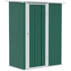 Outsunny Caseta De Jardín 1,07 M² 142x84x189 Cm Cobertizo Exterior De Acero Galvanizado Con Puerta Cerradura Y Orificios De Drenaje Para Almacenamiento De Herramientas Verde