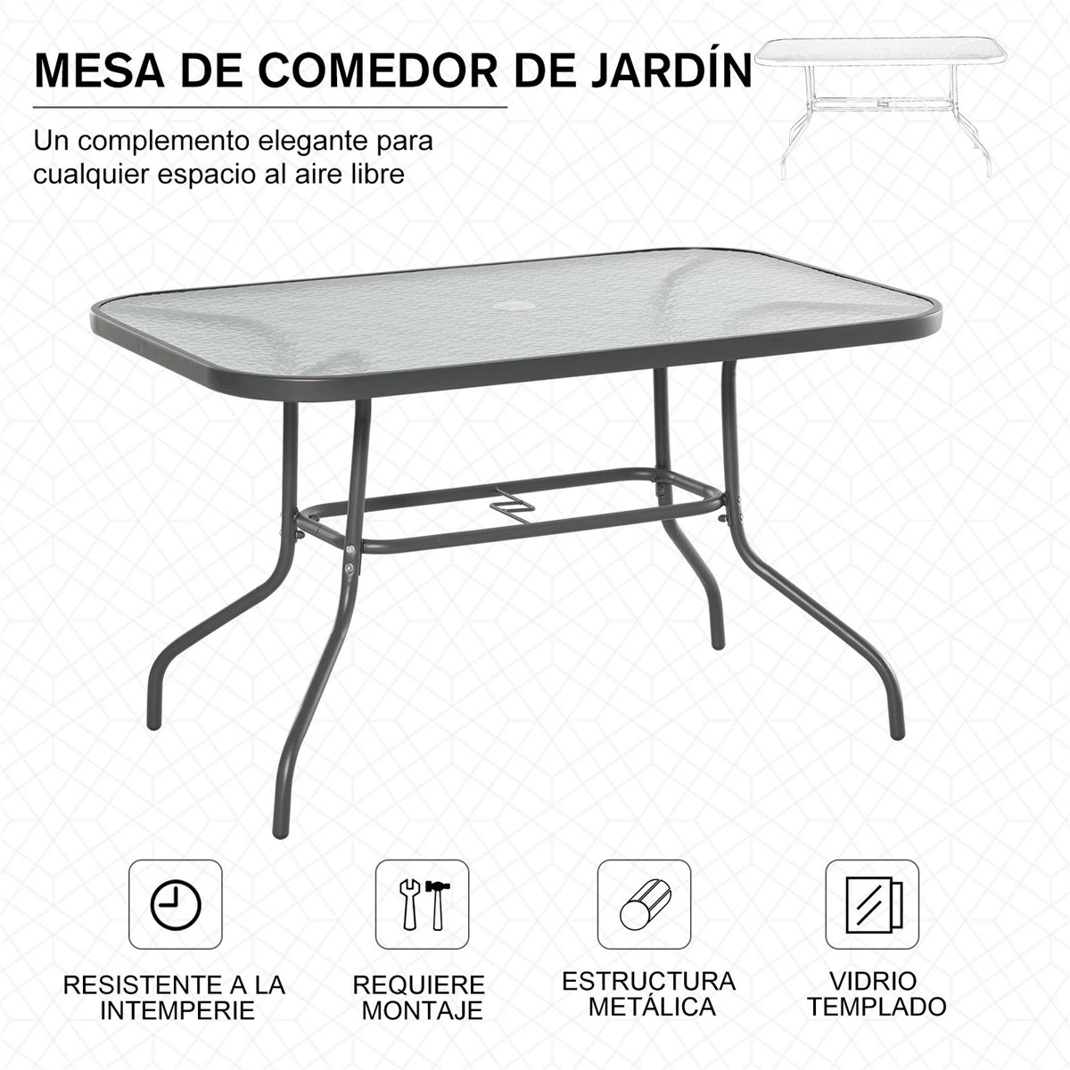 Outsunny Mesa De Jardín Exterior Rectangular De Metal Bordes Curvos Con Orificio Para Sombrilla Capacidad 70kg Vidrio Templado 120x80x70 Cm Gris Carbón 6 Outsunny Mesa De Jardín Exterior Rectangular De Metal Bordes Curvos Con Orificio Para Sombrilla Capacidad 70kg Vidrio Templado 120x80x70 Cm Gris Carbón - Imagen 4