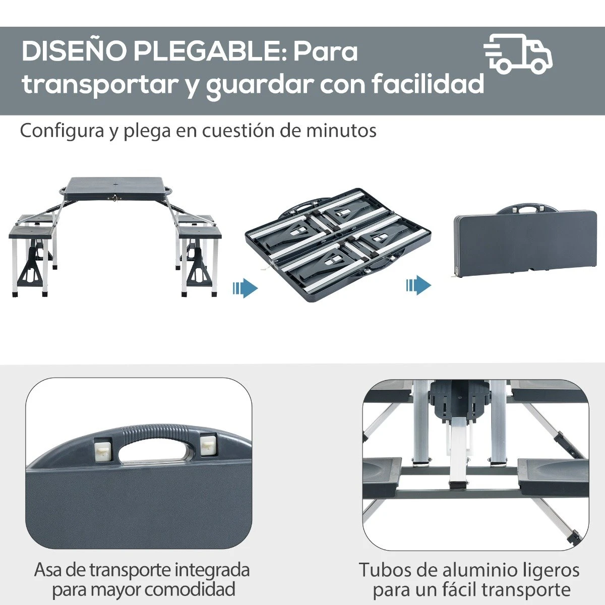 Outsunny Mesa Maleta De Camping Plegable Portátil 4 Asientos Y Agujero Sombrilla Estructura Aluminio Playa Picnic 136x84,5x66 Cm (Gris) 9 Outsunny Mesa Maleta De Camping Plegable Portátil 4 Asientos Y Agujero Sombrilla Estructura Aluminio Playa Picnic 136x84,5x66 Cm (Gris) - Imagen 7