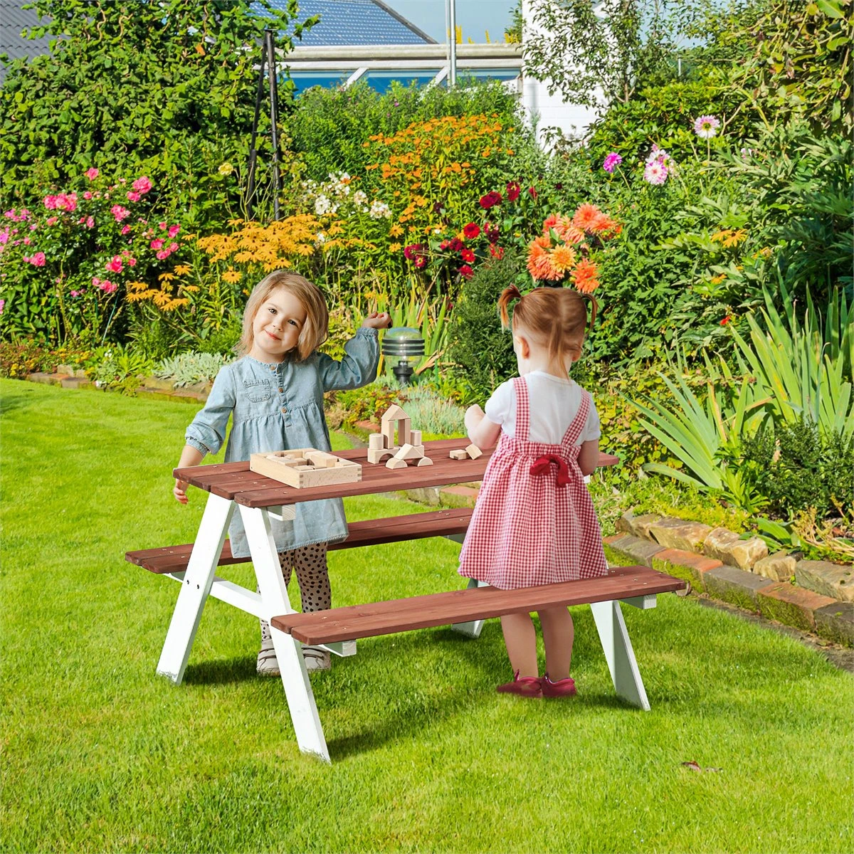 Outsunny Juego De Mesa Y 2 Bancos Infantiles De Madera Mesa De Picnic Para Niños De 3-8 Años Para Jardín Patio Terraza 89x79x50 Cm Marrón 4 Outsunny Juego De Mesa Y 2 Bancos Infantiles De Madera Mesa De Picnic Para Niños De 3-8 Años Para Jardín Patio Terraza 89x79x50 Cm Marrón - Imagen 2