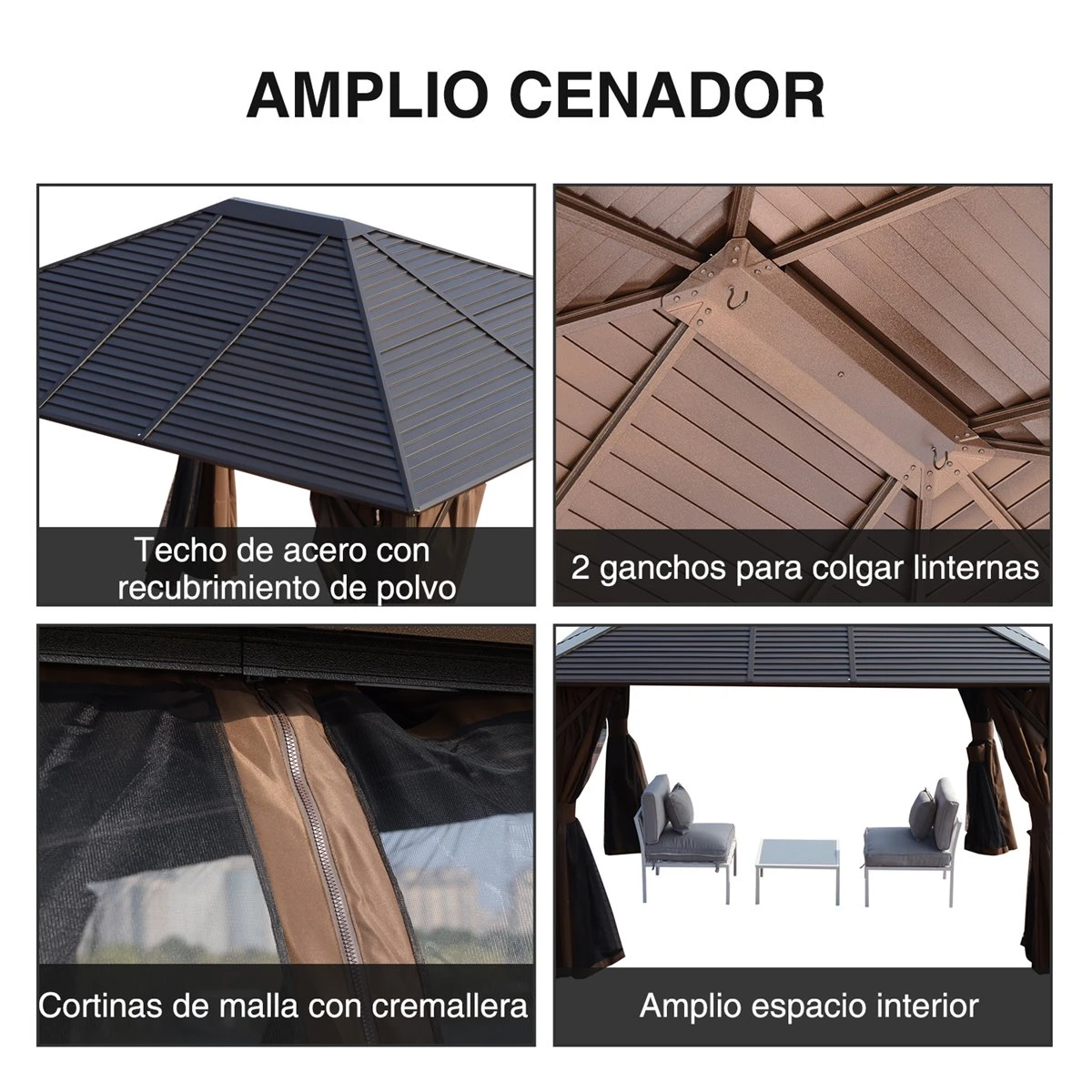 Outsunny Cenador De Jardín 300x365 Cm Marco De Aluminio Con Cortinas De Doble Capa Y Techo Metálico Para Reunión Familar Fiestas Bodas Negro Y Marrón 9 Outsunny Cenador De Jardín 300x365 Cm Marco De Aluminio Con Cortinas De Doble Capa Y Techo Metálico Para Reunión Familar Fiestas Bodas Negro Y Marrón - Imagen 7