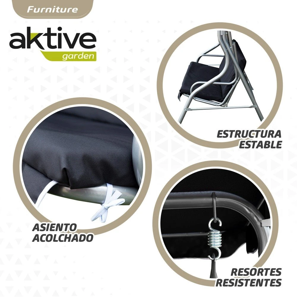 Balancín Para Jardín Negro C/toldo Inclinable 3 Plazas Aktive 8 Balancín Para Jardín Negro C/toldo Inclinable 3 Plazas Aktive - Imagen 6
