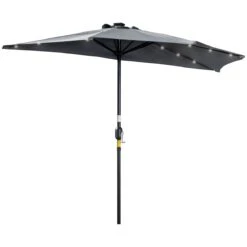 Outsunny Sombrilla Semicircular Con 24 Luces LED Solar 270x135x240 Cm Parasol De Jardín Con Manivela Techo De Ventilación Para Pared Terraza Gris