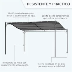 Outsunny Pérgola De Jardín 4x3 M Cenador Montado En Pared Con Toldo Y 4 Orificios De Drenaje Marco De Metal Y Poliéster 180 G/m² Para Patio Terraza Gris -OUTSUNNY TIENDA 91c8d000ec107e2015fdd4a56b6024a76cea85d5 7655247ab1334a5a820550947186d524