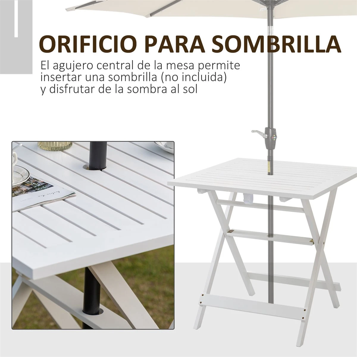 Outsunny Mesa De Jardín Plegable De Madera Maciza Con Agujero Para Sombrilla Mesa Cuadrada De Exterior Para Camping Viaje Picnic Terraza Balcón 70x70x70 Cm Blanco 7 Outsunny Mesa De Jardín Plegable De Madera Maciza Con Agujero Para Sombrilla Mesa Cuadrada De Exterior Para Camping Viaje Picnic Terraza Balcón 70x70x70 Cm Blanco - Imagen 5