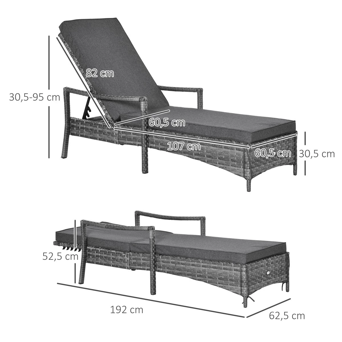 Outsunny Conjunto De 2 Tumbonas De Ratán De Jardín Chaise Longue Con Respaldo Ajustable En 4 Posiciones Cojines Acolchados Y Desenfundables Para Terraza Patio Exterior 192x62,5x58-95 Cm Gris 5 Outsunny Conjunto De 2 Tumbonas De Ratán De Jardín Chaise Longue Con Respaldo Ajustable En 4 Posiciones Cojines Acolchados Y Desenfundables Para Terraza Patio Exterior 192x62,5x58-95 Cm Gris - Imagen 3