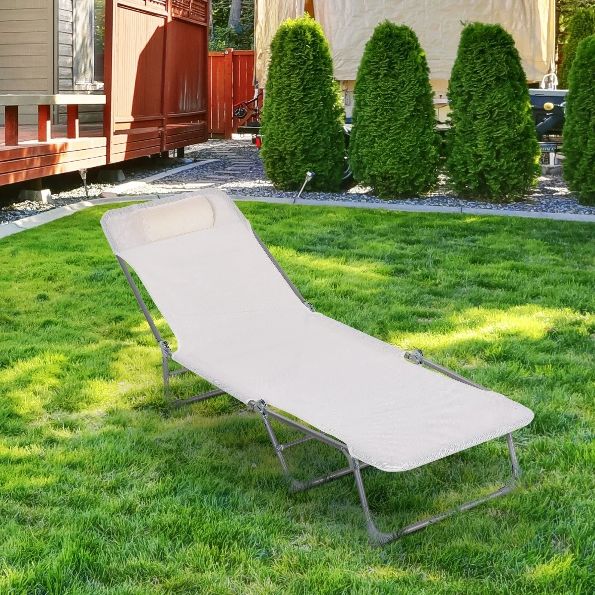 Outsunny Tumbona Plegable Y Reclinable De Jardín Con Reposacabezas Y Respaldo Ajustable En 5 Niveles Tela De Texteline Transpirable 182x56x24,5 Cm Crema 13 Outsunny Tumbona Plegable Y Reclinable De Jardín Con Reposacabezas Y Respaldo Ajustable En 5 Niveles Tela De Texteline Transpirable 182x56x24,5 Cm Crema - Imagen 11