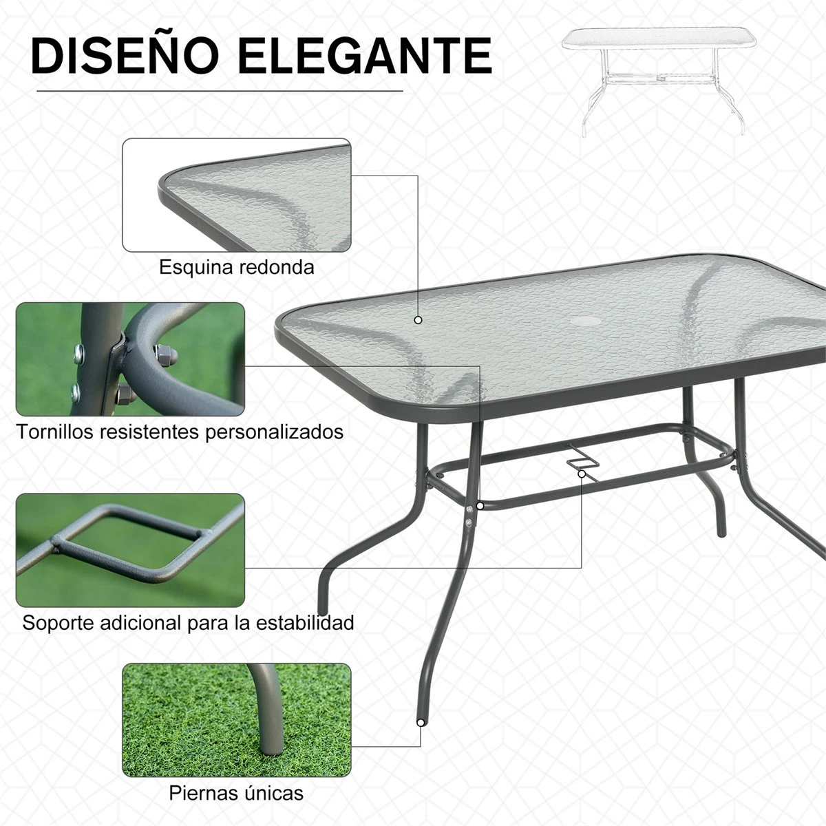 Outsunny Mesa De Jardín Exterior Rectangular De Metal Bordes Curvos Con Orificio Para Sombrilla Capacidad 70kg Vidrio Templado 120x80x70 Cm Gris Carbón 7 Outsunny Mesa De Jardín Exterior Rectangular De Metal Bordes Curvos Con Orificio Para Sombrilla Capacidad 70kg Vidrio Templado 120x80x70 Cm Gris Carbón - Imagen 5