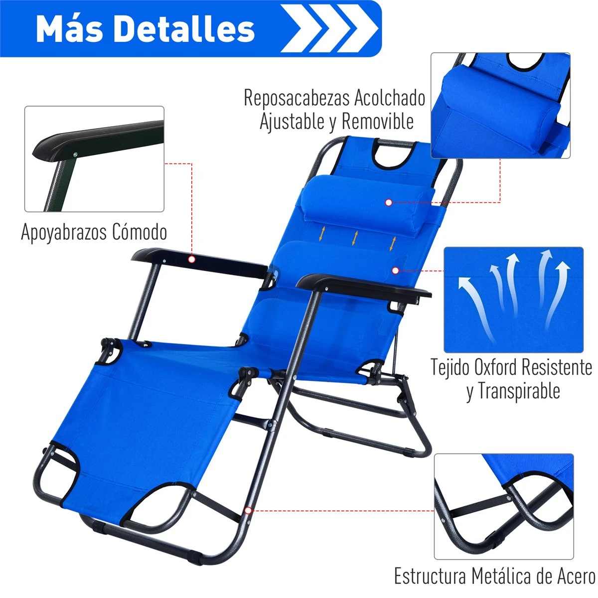 Outsunny Tumbona Reclinable Y Plegable Con Respaldo Ajustable Reposabrazos Almohada Y Reposapiés Para Jardín Terraza Carga 136 Kg 153x60x29 Cm Azul 9 Outsunny Tumbona Reclinable Y Plegable Con Respaldo Ajustable Reposabrazos Almohada Y Reposapiés Para Jardín Terraza Carga 136 Kg 153x60x29 Cm Azul - Imagen 7