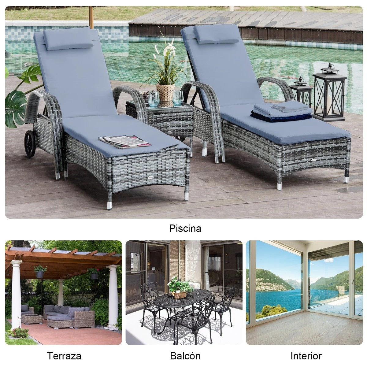 Outsunny Set De 2 Tumbonas Chaise Longue + 1 Mesa De Ratan Para Jardín O Terraza Sillas Con Cojín Y Respaldo Ajustable A 5 Niveles (Gris) 6 Outsunny Set De 2 Tumbonas Chaise Longue + 1 Mesa De Ratan Para Jardín O Terraza Sillas Con Cojín Y Respaldo Ajustable A 5 Niveles (Gris) - Imagen 4