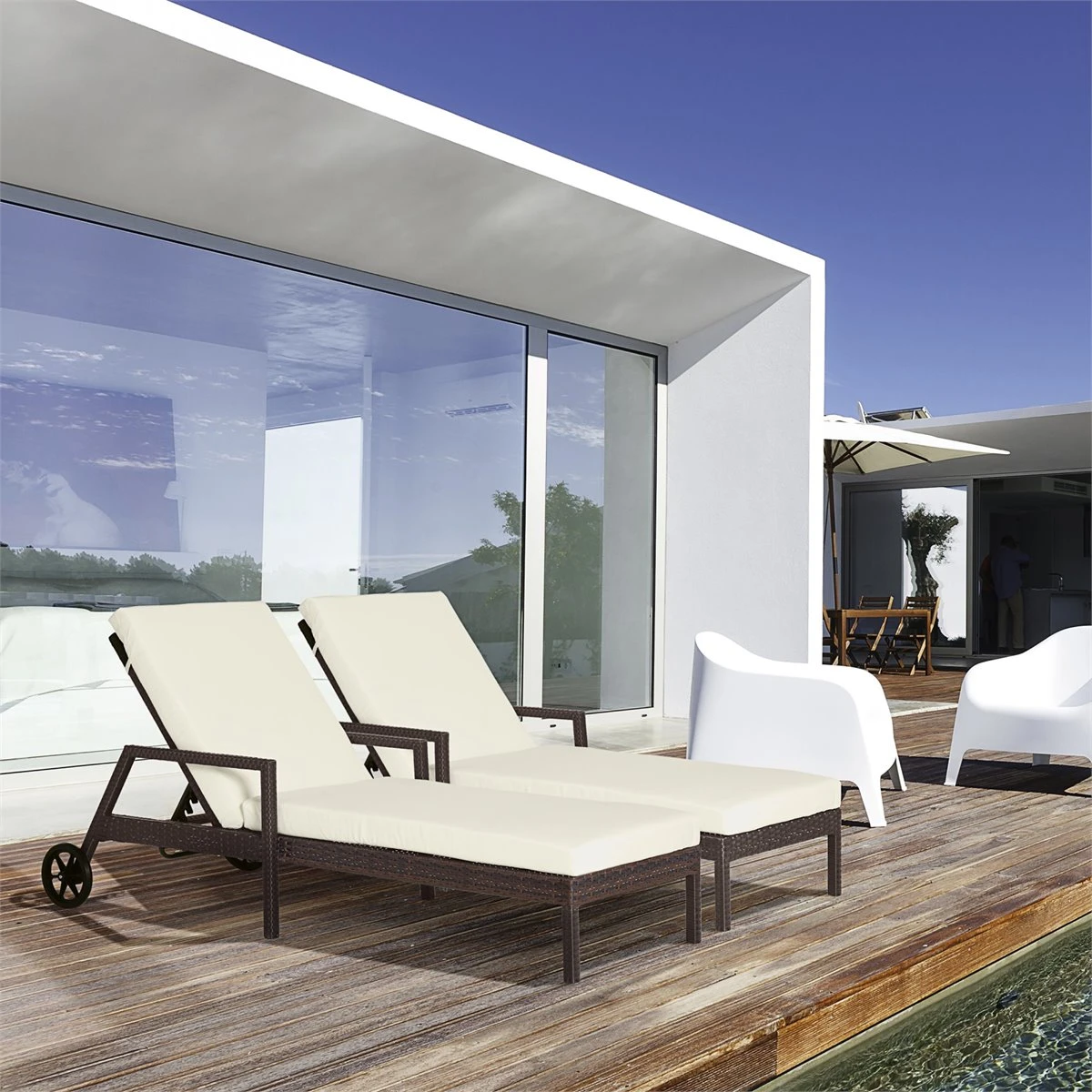 Outsunny Conjunto De 2 Tumbonas De Ratán De Jardín Con Cojines Acolchados Respaldo Ajustable En 5 Posiciones 2 Ruedas Y Tela Extraíble Lavable 67x196x51 Cm Crema 4 Outsunny Conjunto De 2 Tumbonas De Ratán De Jardín Con Cojines Acolchados Respaldo Ajustable En 5 Posiciones 2 Ruedas Y Tela Extraíble Lavable 67x196x51 Cm Crema - Imagen 2