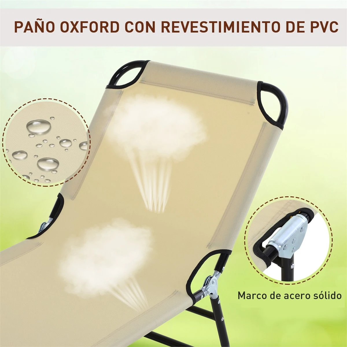 Outsunny Tumbona Plegable Reclinable Con Ángulo Ajustable De 5 Posiciones Para Jardín Exterior Piscina Terraza Camping Carga 120 Kg 190x56x28 Cm Beige 7 Outsunny Tumbona Plegable Reclinable Con Ángulo Ajustable De 5 Posiciones Para Jardín Exterior Piscina Terraza Camping Carga 120 Kg 190x56x28 Cm Beige - Imagen 5