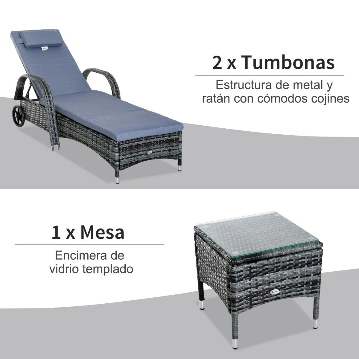 Outsunny Set De 2 Tumbonas Chaise Longue + 1 Mesa De Ratan Para Jardín O Terraza Sillas Con Cojín Y Respaldo Ajustable A 5 Niveles (Gris) 8 Outsunny Set De 2 Tumbonas Chaise Longue + 1 Mesa De Ratan Para Jardín O Terraza Sillas Con Cojín Y Respaldo Ajustable A 5 Niveles (Gris) - Imagen 6