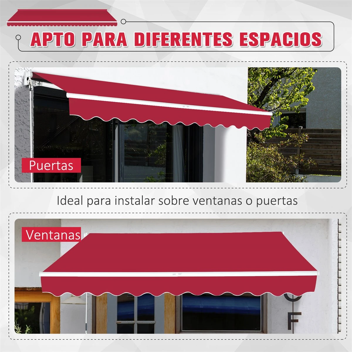 Outsunny Toldo Manual 395x245 Cm Toldo Para Patio Balcón Terraza Y Jardín Con Brazo Articulado De Aluminio Y Tela De Poliéster De 280g/m2 (Rojo) 7 Outsunny Toldo Manual 395x245 Cm Toldo Para Patio Balcón Terraza Y Jardín Con Brazo Articulado De Aluminio Y Tela De Poliéster De 280g/m2 (Rojo) - Imagen 5