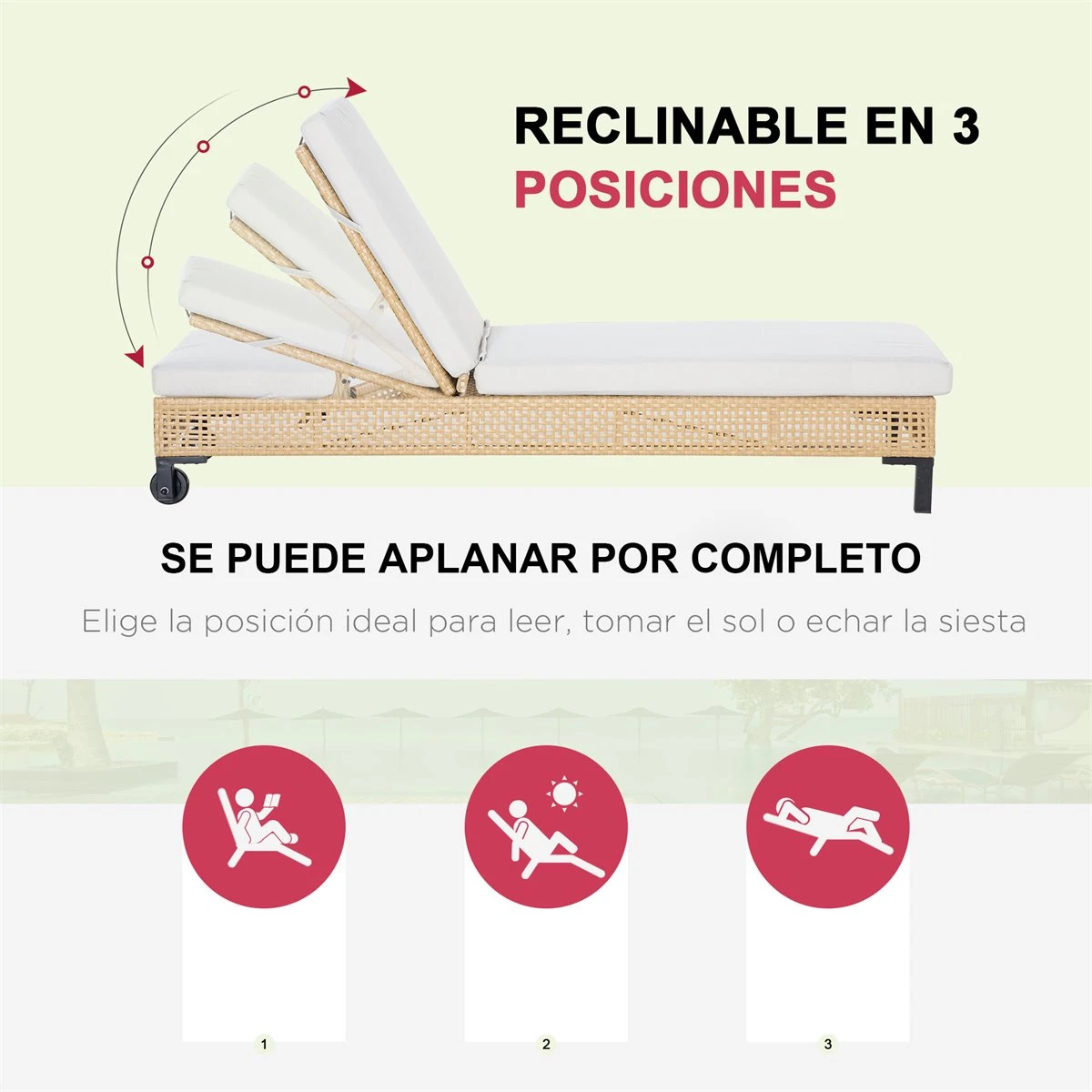 Outsunny Tumbona De Ratán Sintético Chaise Longue Con Respaldo Ajustable En 5 Posiciones Cojín Acolchado Y 2 Ruedas Para Jardín Terraza Acero 200x65x31 Cm Natural Y Beige 6 Outsunny Tumbona De Ratán Sintético Chaise Longue Con Respaldo Ajustable En 5 Posiciones Cojín Acolchado Y 2 Ruedas Para Jardín Terraza Acero 200x65x31 Cm Natural Y Beige - Imagen 4