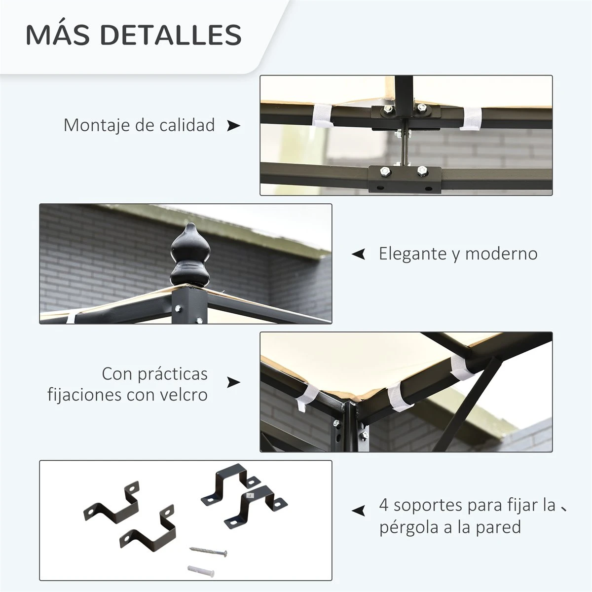 Outsunny Pérgola De Jardín 4x3 M Cenador Montado En Pared Con Toldo Y 4 Orificios De Drenaje Marco De Metal Y Poliéster 180 G/m² Para Patio Terraza Crema 7 Outsunny Pérgola De Jardín 4x3 M Cenador Montado En Pared Con Toldo Y 4 Orificios De Drenaje Marco De Metal Y Poliéster 180 G/m² Para Patio Terraza Crema - Imagen 5
