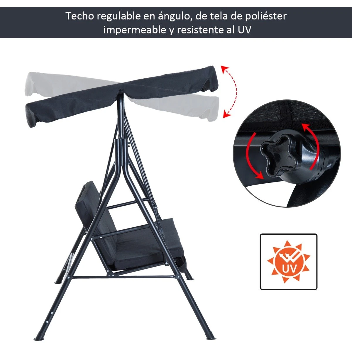 Outsunny Columpio De Jardín De 3 Plazas Silla Balancín Con Parasol Techo Ajustable En Ángulo Para Terraza Balcón Carga Máx. 200 Kg Acero 172x110x153 Cm Negro 6 Outsunny Columpio De Jardín De 3 Plazas Silla Balancín Con Parasol Techo Ajustable En Ángulo Para Terraza Balcón Carga Máx. 200 Kg Acero 172x110x153 Cm Negro - Imagen 4