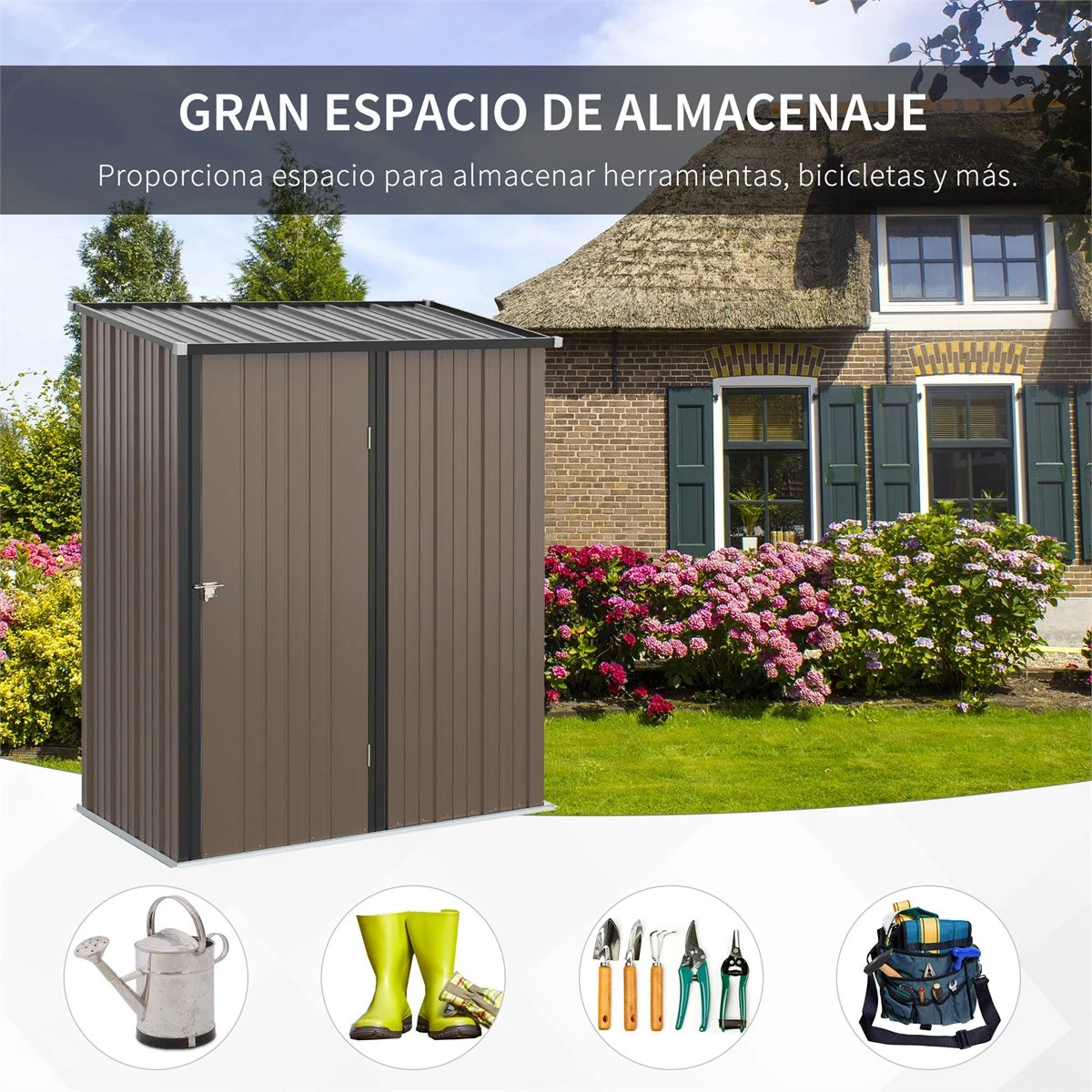 Outsunny Caseta De Jardín 1,34 M² 161,5x94,5x196 Cm Cobertizo Exterior De Acero Galvanizado Con Puerta Y Cerradura Para Almacenamiento De Herramientas Marrón 6 Outsunny Caseta De Jardín 1,34 M² 161,5x94,5x196 Cm Cobertizo Exterior De Acero Galvanizado Con Puerta Y Cerradura Para Almacenamiento De Herramientas Marrón - Imagen 4