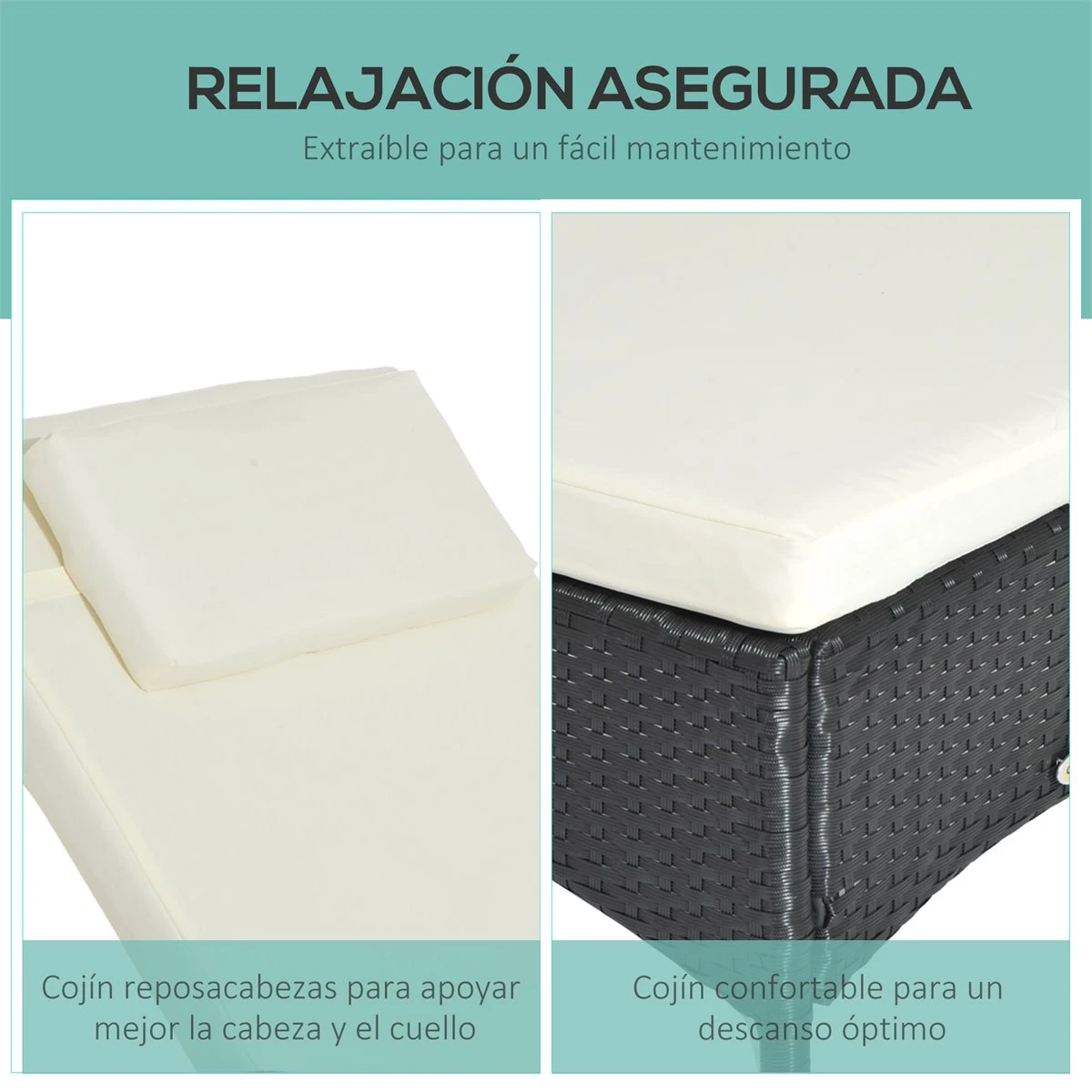 Outsunny Conjunto De 2 Tumbonas De Ratán De Jardín Chaise Longue Con Respaldo Ajustable En 5 Posiciones Cojines Acolchados Reposacabezas Y 2 Ruedas 200x73x72-103 Cm Negro 7 Outsunny Conjunto De 2 Tumbonas De Ratán De Jardín Chaise Longue Con Respaldo Ajustable En 5 Posiciones Cojines Acolchados Reposacabezas Y 2 Ruedas 200x73x72-103 Cm Negro - Imagen 5