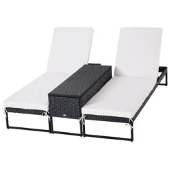 Outsunny Conjunto De 2 Tumbonas De Jardín Con Cojines Acolchados Ratán Con Mesa Auxiliar Para Piscina O Terraza Carga 160 Kg 195x60x86 Cm Acero Negro
