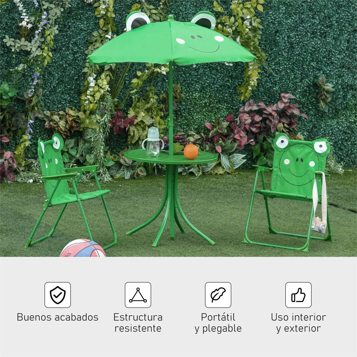 Outsunny Set De Mesa Y Sillas Infantil De Jardín Conjunto De Picnic Plegable Para Niños Juego De Mesa Con Sombrilla Ajustable En Altura De 100-125 Cm Diseño De Rana Verde 7 Outsunny Set De Mesa Y Sillas Infantil De Jardín Conjunto De Picnic Plegable Para Niños Juego De Mesa Con Sombrilla Ajustable En Altura De 100-125 Cm Diseño De Rana Verde - Imagen 5