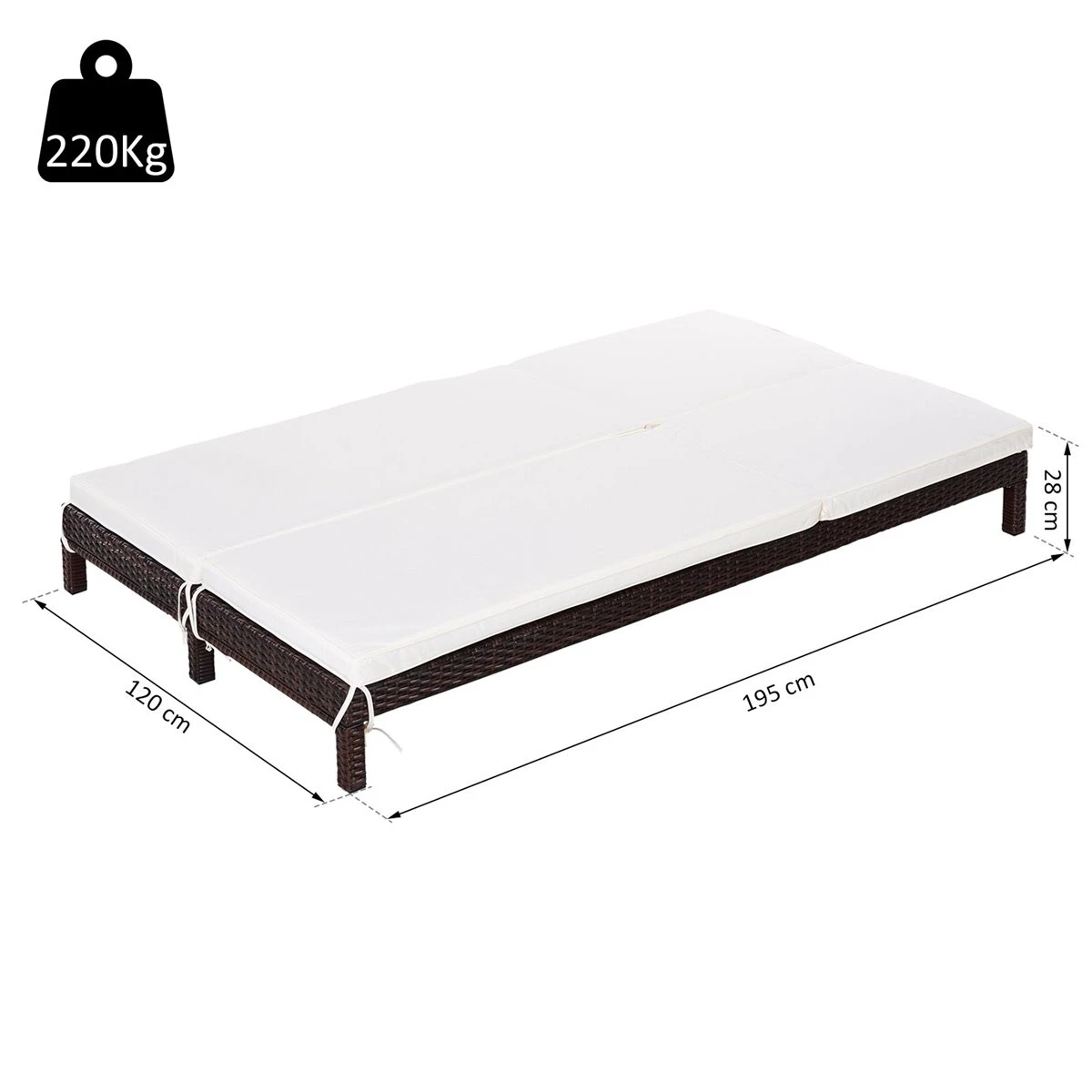 Outsunny Conjunto De Tumbona Exterior De Ratán 2 Plazas Con Cojines Acolchados Resistente Al Agua Con Respaldo Regulable De 5 Niveles Soporta 220 Kg 195x120x28 Cm Marrón 5 Outsunny Conjunto De Tumbona Exterior De Ratán 2 Plazas Con Cojines Acolchados Resistente Al Agua Con Respaldo Regulable De 5 Niveles Soporta 220 Kg 195x120x28 Cm Marrón - Imagen 3