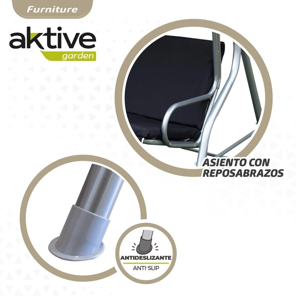 Balancín Para Jardín Negro C/toldo Inclinable 3 Plazas Aktive 7 Balancín Para Jardín Negro C/toldo Inclinable 3 Plazas Aktive - Imagen 5
