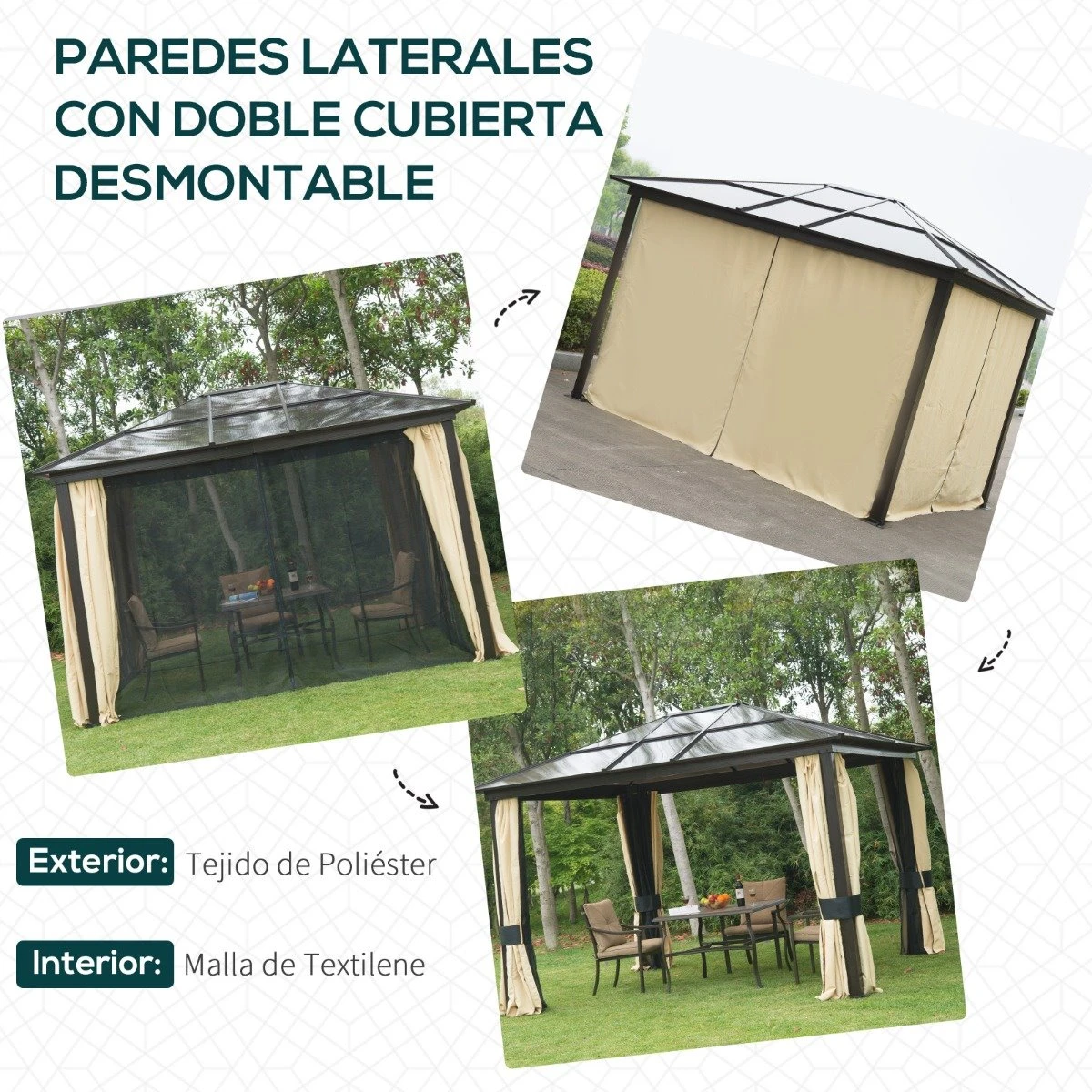Outsunny Cenador Para Jardín 3x3.6 M Alumnio Pabellón Para Exterior Con Techo De Policarbonato Anti-UV Y 4 Mosquiteras Laterales Con Cremalleras Para Fiestas Eventos Beige 7 Outsunny Cenador Para Jardín 3x3.6 M Alumnio Pabellón Para Exterior Con Techo De Policarbonato Anti-UV Y 4 Mosquiteras Laterales Con Cremalleras Para Fiestas Eventos Beige - Imagen 5