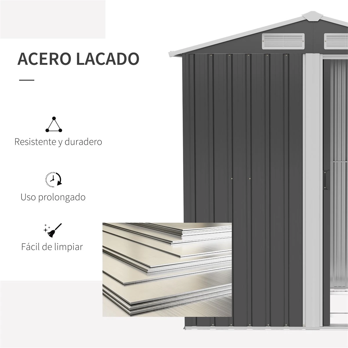 Outsunny Caseta De Jardín De 2 M² 152x132x188 Cm Cobertizo Exterior De Acero Galvanizado Con Puerta Corredera Y Ventilaciones Para Almacenamiento De Herramientas Base Incluida Gris 7 Outsunny Caseta De Jardín De 2 M² 152x132x188 Cm Cobertizo Exterior De Acero Galvanizado Con Puerta Corredera Y Ventilaciones Para Almacenamiento De Herramientas Base Incluida Gris - Imagen 5