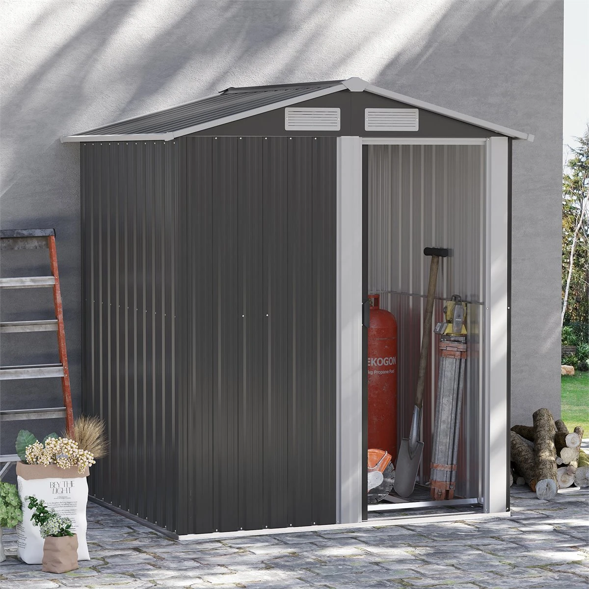 Outsunny Caseta De Jardín De 2 M² 152x132x188 Cm Cobertizo Exterior De Acero Galvanizado Con Puerta Corredera Y Ventilaciones Para Almacenamiento De Herramientas Base Incluida Gris 4 Outsunny Caseta De Jardín De 2 M² 152x132x188 Cm Cobertizo Exterior De Acero Galvanizado Con Puerta Corredera Y Ventilaciones Para Almacenamiento De Herramientas Base Incluida Gris - Imagen 2