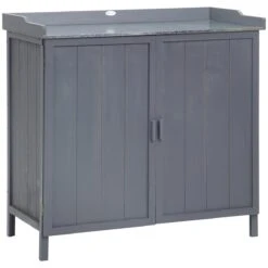 Outsunny Armario De Jardín De Madera Con Mesa De Trabajo Armario De Exterior Con 2 Puertas Cierre Magnético Y 2 Estantes Para Terraza Balcón 98x48x95,5 Cm Gris