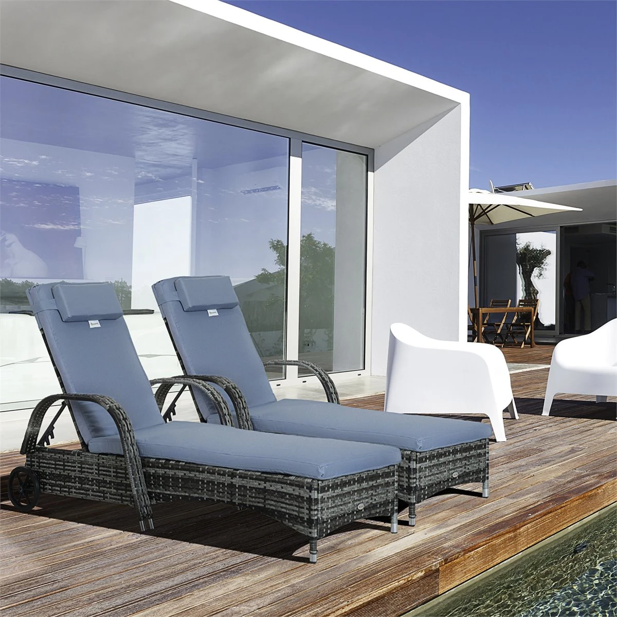 Outsunny Conjunto De 2 Tumbonas De Ratán De Jardín Chaise Longue Con Respaldo Ajustable En 5 Posiciones Cojines Acolchados Reposacabezas Y 2 Ruedas 200x73x72-103 Cm Gris 4 Outsunny Conjunto De 2 Tumbonas De Ratán De Jardín Chaise Longue Con Respaldo Ajustable En 5 Posiciones Cojines Acolchados Reposacabezas Y 2 Ruedas 200x73x72-103 Cm Gris - Imagen 2