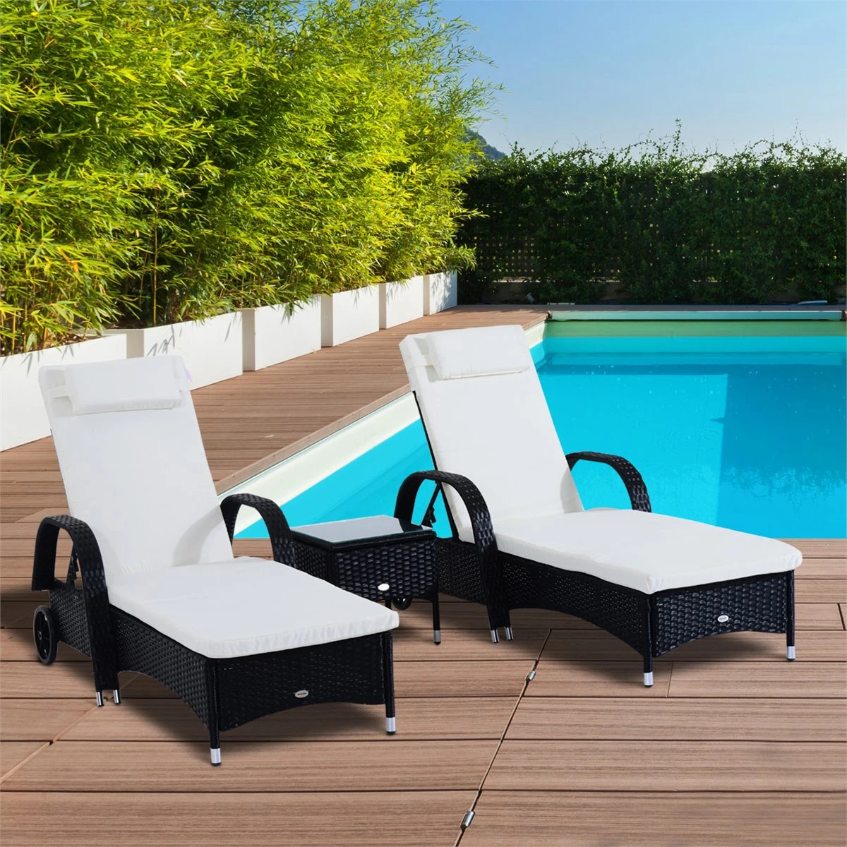 Outsunny Set De 2 Tumbonas Chaise Longue + 1 Mesa De Ratan Para Jardín O Terraza Sillas Con Cojín Y Respaldo Ajustable A 5 Niveles (Negro) 4 Outsunny Set De 2 Tumbonas Chaise Longue + 1 Mesa De Ratan Para Jardín O Terraza Sillas Con Cojín Y Respaldo Ajustable A 5 Niveles (Negro) - Imagen 2