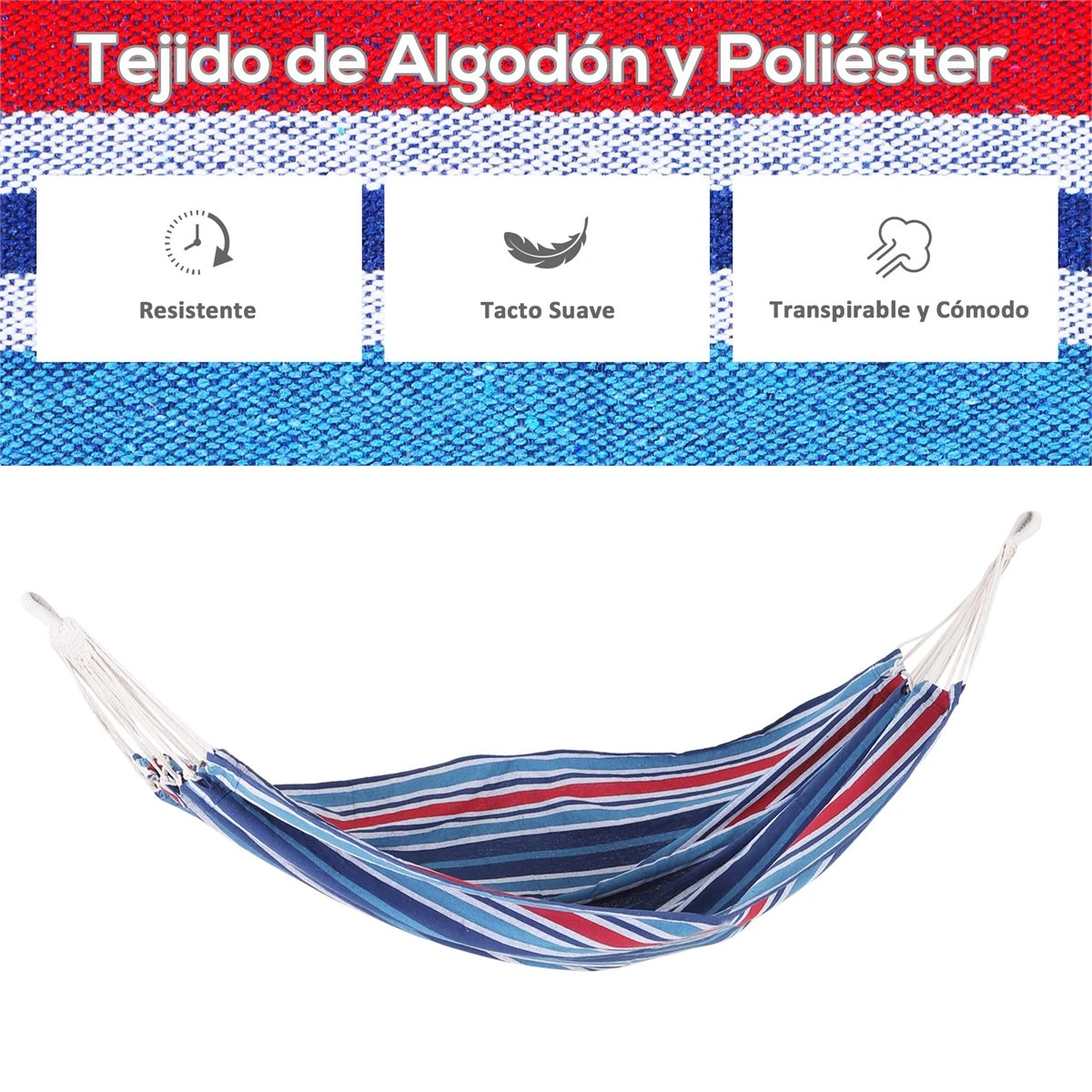 Outsunny Hamaca De Algodón Para Jardín 210x150 Cm Hamaca Colgante Portátil Carga Máx. 180 Kg Para Acampar Piscina Camping Rayas Azul Y Rojo 7 Outsunny Hamaca De Algodón Para Jardín 210x150 Cm Hamaca Colgante Portátil Carga Máx. 180 Kg Para Acampar Piscina Camping Rayas Azul Y Rojo - Imagen 5